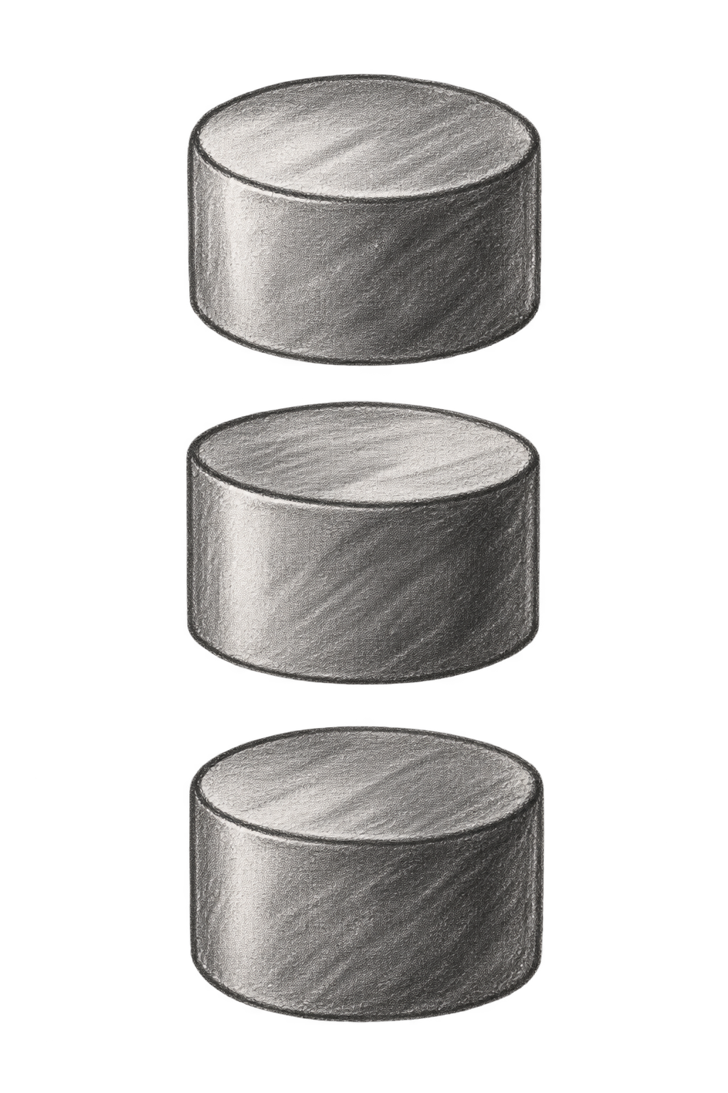 Three hand-drawn graphite cylinders representing the Tuze product family